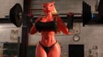  16:9 3d_(artwork) abs anthro arm_wraps big_breasts blaziken blue_eyes breasts cleavage clothed clothing digital_media_(artwork) female gym hi_res looking_at_viewer muscular muscular_female nintendo nipple_outline pok&eacute;mon pok&eacute;mon_(species) smile snow_kitsune solo thick_thighs video_games weights wide_hips wraps 