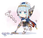  1girl android blue_cape blue_eyes blue_hair blue_hat breasts cape chibi chibi_only closed_mouth commentary_request expressionless full_body genshin_impact haruneharu hat ineffa_(genshin_impact) joints mechanical_arms mechanical_legs primogem robot_ears robot_girl robot_joints short_hair sidelocks solo standing vacuum_cleaner walking white_background 