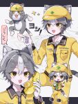  1boy :3 animal_ear_fluff animal_ears black_eyes cat cat_boy cat_ears cat_tail character_name chibi clipboard collared_jacket colored_sclera commentary_request denwa_neko_(meme) double-parted_bangs genba_neko_(character) genba_neko_(meme) gloves grey_hair hair_between_eyes hat hiro_0607 holding holding_clipboard holding_pencil holding_phone jacket long_sleeves male_focus meme multicolored_hair multiple_views open_mouth outline pants partially_translated pencil personification phone pointing sanpaku shigoto_neko smile speech_bubble streaked_hair tail translation_request two-tone_hair white_gloves white_hair white_outline yellow_hat yellow_jacket yellow_pants yellow_sclera 