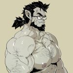  1:1 2018 barazoku biceps big_muscles black_hair body_hair chest_hair clothed clothing ear_piercing ear_ring eyebrows eyewear glasses grey_body grey_skin hair hairy hi_res humanoid humanoid_pointy_ears looking_at_viewer male muscular muscular_male nipples orc pecs piercing pink_nipples ponytail rybiok solo standing thick_eyebrows topless tusks veiny_muscles yellow_sclera 