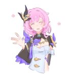  1girl breasts chinese_commentary chong_pao_naifen cleavage commentary_request corset cropped_torso elf elysia_(honkai_impact) elysia_(miss_pink_elf)_(honkai_impact) hair_ornament highres honkai_(series) honkai_impact_3rd large_breasts long_hair open_mouth pink_hair pointy_ears shrug_(clothing) simple_background smile solo waving_hands white_background white_corset 