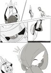  aegislash bob_cut closed_eyes curtsey dress flying_sweatdrops gardevoir greyscale hair_over_one_eye highres holding holding_shield monochrome napopo one-eyed pokemon pokemon_(creature) shield sweatdrop sword weapon white_dress 