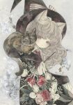  1girl animal_ears animal_on_shoulder artist_name black_hat black_jacket blonde_hair bow cat cat_ears cat_on_shoulder floral_print floral_print_jacket frilled_cuffs frilled_sleeves frills gem half-closed_eyes hat hat_bow highres holding holding_wand jacket karintoun light_blush long_hair long_sleeves looking_at_viewer necktie original painting_(medium) pearl_(gemstone) print_jacket red_eyes red_necktie ribbon rose_print signature sleeves_past_fingers sleeves_past_wrists solo stamp_mark striped_bow tareme traditional_media twitter_username upper_body wand watercolor_(medium) wavy_hair white_ribbon wing_collar witch_hat 