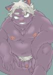  2016 anthro balls belly blue_background felid feline flaccid fur konbu male mammal moobs navel nipples overweight overweight_male penis pubes purple_body purple_fur simple_background solo 