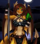  2019 5_fingers anthro armor big_breasts breasts brown_hair clothed clothing cloud detailed_background digital_media_(artwork) dragon emerald_(gem) female fingers gem green_eyes hair hi_res horn jewelry lake looking_at_viewer lori_raleigh membrane_(anatomy) membranous_wings midriff moon navel night non-mammal_breasts outside skimpy sky slit_pupils smile solo spade_tail star starry_sky unconvincing_armor wings xaenyth 