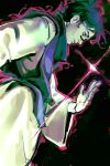  1boy absurdres bags_under_eyes black_eyes black_hair black_tunic choso_(jujutsu_kaisen) facial_mark hair_bun hair_flowing_over hand_up highres jujutsu_kaisen limited_palette magic male_focus markkrpg messy_hair perspective robe serious short_hair solo sparkle tunic white_robe 