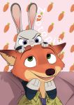  absurd_res ambiguous_gender anthro bite buckteeth canid canine clothed clothing cute_fangs disney duo fox fox_green fur green_eyes grey_body grey_fur hi_res judy_hopps lagomorph leporid light lighting mammal nick_wilde open_mouth open_smile orange_body orange_fur pink_background purple_eyes rabbit red_fox shirt simple_background sitting smile tan_body tan_fur teeth toeless_legwear topwear zootopia 