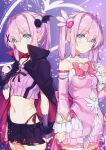  2girls arm_at_side bare_shoulders black_cape black_gloves black_skirt blue_eyes blush bow bowtie breasts cape chiyoda_momo choker clenched_hand closed_mouth collarbone commentary cowboy_shot crop_top detached_sleeves dress dual_persona eyes_visible_through_hair fingerless_gloves frilled_dress frilled_sleeves frills frown glint gloves hair_between_eyes hair_ornament hand_up heart-shaped_ornament highres long_sleeves looking_at_viewer machikado_mazoku magical_girl medium_hair miniskirt multiple_girls nail_polish narumiya_(empty_cafe) navel official_alternate_costume official_alternate_hairstyle pink_bow pink_bowtie pink_dress pink_hair pleated_skirt purple_background red_cape scar scar_on_stomach side-by-side sidelocks simple_background skirt small_breasts stomach straight_hair twintails two-sided_cape two-sided_fabric v-shaped_eyebrows white_choker wide_sleeves wing_hair_ornament x_hair_ornament 