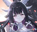  1girl angel_wings black_hair blunt_bangs bow bowtie closed_mouth columbina_(genshin_impact) cowlick dress eye_mask eyelashes facing_viewer falling_petals feathers full_moon genshin_impact hair_ribbon hand_up head_wings highres large_bow lingerie moon multicolored_hair multiple_wings night night_sky outdoors petals pink_hair pink_lips portrait purple_eyes ribbon shyaruru sky smile solo streaked_hair swept_bangs tress_ribbon underwear white_bow white_bowtie white_dress white_mask white_ribbon white_wings wings 