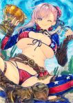  1girl american_flag american_flag_bikini american_flag_print asymmetrical_gloves bikini blue_eyes blush boots breasts bun_cover chikinan_tarou chopsticks cleavage fate/grand_order fate_(series) flag_print flag_print_bikini food gloves hair_bun highres large_breasts long_hair long_sleeves looking_at_viewer miyamoto_musashi_(fate) miyamoto_musashi_(swimsuit_berserker)_(fate) miyamoto_musashi_(swimsuit_berserker)_(second_ascension)_(fate) navel noodles one_eye_closed painting_(medium) print_bikini single_side_bun smile solo swept_bangs swimsuit thigh_boots thighhighs thighs traditional_media watercolor_(medium) 