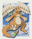 2025 3_fingers 3_toes accessory anthro artist_name belly big_tail big_wings blue_background claws cloud colored darlan_space digital_drawing_(artwork) digital_media_(artwork) dragonite feet finger_claws fingers flying furgonomics game_freak generation_1_pokemon generation_9_pokemon green_eyes green_wings happy hi_res horn male mega_dragonite mega_evolution multicolored_chest nintendo open_mouth open_smile orange_arms orange_body orange_chest orange_feet orange_legs orange_scales orange_tail pokemon pokemon_(species) scales scalie shaded signature simple_background sky small_wings smile smiling_at_viewer tail tail_accessory tan_belly tan_body tan_chest tan_palms tan_scales tan_soles teeth text toe_claws toes tongue white_horn white_wings wings