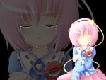  1girl 2000s_(style) black_background black_hairband blue_shirt closed_eyes commentary_request cowboy_shot crying crying_with_eyes_open frilled_shirt_collar frilled_sleeves frills hair_ornament hairband heart heart_hair_ornament komeiji_satori long_sleeves nawo_(peace) pink_hair pink_skirt ribbon-trimmed_sleeves ribbon_trim shirt short_hair simple_background skirt solo tears third_eye touhou zoom_layer 