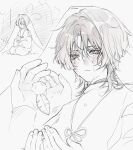  1boy bishounen blunt_ends bright_pupils cat choppy_bangs clothing_cutout crying crying_with_eyes_open eyelashes eyeliner eyeshadow feathers fingernails genshin_impact grass greyscale hacwss highres japanese_clothes kariginu layered_sleeves long_sleeves looking_at_object makeup male_focus monochrome open_hands pants pom_pom_(clothes) purple_eyes red_eyeliner red_eyeshadow scaramouche_(genshin_impact) scaramouche_(kabukimono)_(genshin_impact) see-through_clothes see-through_veil seiza shoulder_cutout sitting sketch solo spot_color string tears veil white_pupils 