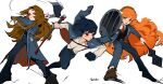  3girls axe black_coat black_hair black_jacket black_pants black_vest blue_eyes bob_cut bow brown_hair brown_shoes cigarette coat collared_shirt deformed freckles green_eyes hair_bow highres holding holding_axe holding_mace holding_shield holding_sword holding_weapon ishmael_(project_moon) jacket limbus_company long_hair long_sleeves looking_at_viewer mace multiple_girls necktie orange_hair pants parted_bangs project_moon red_eyes red_necktie rodion_(project_moon) ryoshu_(project_moon) shield shirt shoes short_hair simple_background smoking sword vanlulu very_long_hair vest weapon white_background white_bow white_shirt 