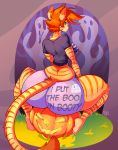  2019 anthro barefoot big_butt bottomwear breasts butt clothed clothing domestic_cat english_text felid feline felis female food fruit fur ghost green_eyes hair hotpants jack-o&#039;-lantern jaeh looking_at_viewer looking_back loree mammal multicolored_body multicolored_fur orange_body orange_fur orange_hair plant pumpkin shorts solo spirit striped_body striped_fur stripes text two_tone_body two_tone_fur 