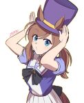  1girl a_hat_in_time aged_up alternate_costume animal_ears back_bow black_bow black_bowtie blue_eyes bow bowtie brown_hair brown_tail cowboy_shot dated ears_through_headwear from_above from_side hands_up hat hat_kid hat_ribbon highres horse_ears horse_girl horse_tail jibung looking_at_viewer looking_to_the_side o3o outline ponytail pose_request puckered_lips purple_hat purple_shirt ribbon school_uniform shirt short_sleeves sidelocks skirt solo summer_uniform tail top_hat tracen_school_uniform umamusume white_background white_skirt yellow_outline yellow_ribbon 