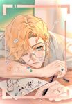  1boy ;| absurdres arm_on_table bandaid bandaid_on_cheek bandaid_on_face bespectacled blonde_hair blurry blurry_background chinese_commentary classroom closed_mouth curtained_hair desk drawing_(action) drawn_ears drawn_whiskers eraser flower_symbol glasses green_eyes grey-framed_eyewear hair_ornament hairclip head_on_arm heart highres holding holding_pen indoors lars_rorschach linke lips looking_at_viewer lovebrush_chronicles male_focus nib_pen_(object) one_eye_closed paper pen school_desk shirt side_part solo squeans star_(symbol) sticker_on_arm sticker_on_face swept_bangs upturned_eyes viewfinder waking_up white_shirt window 