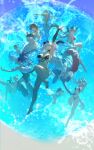  6+girls absurdres arm_up back bare_arms bare_back bare_legs barefoot bikini black_bikini black_horns breasts character_request chinese_commentary cleavage commentary_request copyright_request eyewear_on_head floating frilled_bikini frills front-tie_bikini_top front-tie_top hands_up highres horns innertube large_breasts long_hair medium_hair multicolored_hair multiple_girls one-piece_swimsuit short_hair slingshot_swimsuit sunglasses swd3e2 swim_ring swimsuit two-tone_hair two-tone_swimsuit underboob water 