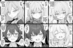  6+girls animal_ear_fluff animal_ears ayane_(blue_archive) blue_archive blush braid cat_ears cat_girl choker closed_mouth cross_hair_ornament crown_braid foreclosure_task_force_(blue_archive) glasses greyscale hair_behind_ear hair_between_eyes hair_bun hair_ornament hair_ribbon highres hoshino_(blue_archive) jacket long_hair looking_at_viewer monochrome multiple_girls nonomi_(blue_archive) open_mouth pointy_ears ribbon scarf serika_(blue_archive) shiroko_(blue_archive) shiroko_terror_(blue_archive) shirt short_hair single_side_bun smile sweatdrop translation_request twintails wolf_ears wolf_girl zhong_zi_sheliu 