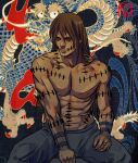  1boy absurdres alternate_eye_color alternate_hair_color black_hair brown_hair dragon_print evartandadam highres jewelry kakuzu_(naruto) male_focus muscular muscular_male naruto_(series) naruto_shippuuden ninja red_eyes ring solo tattoo topless_male 