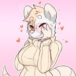  &lt;3 anthro blush breasts clothed clothing daww didelphid eyes_closed eyewear female fingers fur glasses grey_body grey_fur mammal marsupial nicopossum pink_background simple_background smile snout solo turtle_neck 