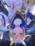  1girl absurdres ahoge animal_ears badge between_breasts blue_eyes blush breasts collarbone hair_between_eyes hair_ornament highres horse_girl jacket multicolored_hair neo_universe_(umamusume) pov reaching reaching_towards_viewer ri_ri_0818 sky small_breasts smile solo star_(sky) starry_sky two-tone_hair umamusume white_background 
