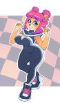  2019 activision anthro bandicoot big_breasts black_clothing black_footwear black_nose black_shoes blue_eyes bodysuit bottomwear breasts checkered_background cleavage clothed clothing crash_bandicoot_(series) curvy_figure digital_media_(artwork) eyebrows eyelashes eyeshadow female footwear full-length_portrait fur gesture hair hair_bows hair_buns hi_res lipstick looking_at_viewer makeup mammal marsupial megumi_bandicoot nitro pattern_background pink_hair pink_lipstick pointing pointing_at_self portrait short_hair simple_background skinsuit smile solo standing tan_body tan_fur thick_thighs tight_clothing video_games wide_hips zipper 
