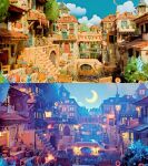  absurdly_detailed_composition absurdres banner barrel bench blue_sky bridge building chimney cloud commentary crescent_moon day_and_night flower highres lantern moon night night_sky no_humans nyame_ms original plant potted_plant pumpkin river scenery sky stairs star_(sky) starry_sky stone_bridge stone_stairs sunflower symbol-only_commentary tile_roof town wagon water wheel window window_shutter wooden_bench wooden_door 