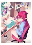  1girl absurdres airpods alternate_costume black_shorts bloom_(irys) blue_eyes blue_sweater book bookshelf bottle can cellphone chair charging_device clippers commentary cutting_mat dolphin_shorts double-parted_bangs drink_can earrings english_commentary glasses gloom_(irys) grin gunpla guyrys hair_between_eyes heterochromia highres hobby_knife holding holding_tool hololive hololive_english horns indoors irys_(hololive) jewelry leaf long_hair looking_at_another looking_at_viewer model_building model_kit namiorii no_shoes no_wings office_chair on_chair pebble_(koseki_bijou) phone photo_(object) pink_eyes pointy_ears polaroid_photo purple_hair round_eyewear shiranui_flare shiranui_flare_(1st_costume) short_shorts shorts sitting smartphone smile socks soda_can solo sweater swivel_chair tile_floor tiles toy_car toyota toyota_sprinter_trueno video_call virtual_youtuber white_socks wireless_earphones 