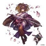  1girl ash_arms bare_shoulders black_boots black_gloves black_pantyhose boots breasts brown_hair cat cleavage commentary_request copyright_notice falling_petals fishnet_pantyhose fishnets full_body gloves highres holding holding_sword holding_weapon japanese_clothes katana kimono large_breasts long_hair long_sleeves looking_at_viewer off_shoulder pantyhose parted_lips petals ponytail purple_eyes purple_kimono raiden_model_11 simple_background solo standing suzuno_(bookshelf) sword weapon white_background white_kimono wide_sleeves 