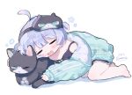  1girl :3 =_= ahoge animal_hug artist_logo barefoot black_camisole black_shorts blush_stickers bow camisole cat closed_eyes commentary_request cotono_(nazekun) fang full_body green_jacket highres jacket logo long_sleeves open_mouth original purple_hair short_hair short_twintails shorts simple_background sleep_mask sleeves_past_wrists smile solo twintails watermark white_background white_bow 