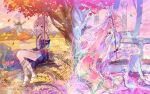  2girls autumn_leaves black_shorts blue_eyes boots border breasts coat color_connection company_connection corset cyrene_(honkai:_star_rail) dress elf elysia_(herrscher_of_human:_ego)_(honkai_impact) elysia_(honkai_impact) falling_leaves falling_petals hair_color_connection highres honkai:_star_rail honkai_(series) honkai_impact_3rd inoue_marina jewelry knee_boots leaf long_hair medium_breasts multicolored_hair multiple_girls necklace on_swing outdoors papipiko petals pink_hair pink_sky pointy_ears purple_coat sandals short_hair short_shorts shorts signet_of_ego sky smile stone_pillar swing toes tree two-tone_hair veil very_long_hair voice_actor_connection wheat wheat_field white_border white_corset white_dress white_hair white_veil windmill 