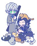 105zz 2boys animal animal_on_head black_hair black_jacket black_pants blue_necktie cardigan cat cat_on_head chibi chibi_only closed_mouth collared_shirt delinquent final_fantasy final_fantasy_vii final_fantasy_vii_ever_crisis gakuran green_eyes grey_hair grey_jacket grey_pants holding holding_animal holding_cat jacket looking_at_another male_focus multiple_boys necktie official_alternate_costume on_head pants parted_bangs school_uniform sephiroth sephiroth_(ever_crisis) sephiroth_(shinra_private_academy) shirt short_hair sideburns slit_pupils suit_jacket too_many too_many_cats weapon weapon_case weapon_on_back white_background white_shirt yellow_cardigan zack_fair zack_fair_(midgard_seventh_high_school) 