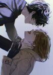  2boys absurdres akechi_gorou amamiya_ren black_gloves black_hair black_jacket brown_coat brown_hair clenched_teeth closed_eyes coat covered_eyes fsmaichobpeg0 glasses gloves grey_background highres jacket male_focus multiple_boys open_mouth persona persona_5 profile short_hair sideways smile strangling teeth upper_body upper_teeth_only 