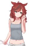  1girl absurdres ahoge alternate_costume averting_eyes breasts brown_eyes brown_hair camisole casual cleavage collarbone commentary_request grey_camisole grey_pants hair_between_eyes hair_brush hair_down highres holding holding_hair_brush long_hair medium_breasts midriff miyama_mizuki_(hoshihoshi1220) multicolored_hair navel nice_nature_(umamusume) pants pout red_hair simple_background sketch solo strap_slip streaked_hair umamusume upper_body white_background 