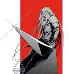  1boy armor black_coat black_gloves border coat final_fantasy final_fantasy_vii final_fantasy_vii_remake gloves grey_hair holding holding_sword holding_weapon long_bangs long_coat long_hair long_sleeves male_focus masamune_(ff7) monochrome parted_bangs pauldrons red_background sephiroth shoulder_armor solo sparkle sword twitter_username weapon white_border yunyunonigiri 
