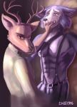  beastars bodily_fluids canid canine canis cervid clothed clothing duo ekoi1995 hi_res legosi_(beastars) looking_at_viewer louis_(beastars) male male/male mammal muscular nipples open_mouth simple_background suggestive tears teeth topless wolf 