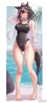  1girl absurdres alternate_costume animal_ears bare_shoulders barefoot black_hair black_one-piece_swimsuit black_tail blush border breasts cleavage commentary_request competition_swimsuit covered_navel eyewear_on_head feet full_body hair_between_eyes highleg highleg_one-piece_swimsuit highres horse_ears horse_girl horse_tail j450n777 jacket kitasan_black_(umamusume) large_breasts legs looking_at_viewer ocean off_shoulder one-piece_swimsuit open_clothes open_jacket open_mouth outside_border purple-tinted_eyewear red_eyes short_hair solo standing swimsuit tail thighs tinted_eyewear toenails toes two_side_up umamusume wet white_border white_jacket white_streaks 