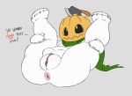  anus axe black_sclera cape cheese_cake clothing digimon digimon_(species) english_text female food fruit ghost halloween holidays humanoid jack-o&#039;-lantern melee_weapon plant plump_labia plushie pumpkin pumpkinmon pussy simple_background smile solo spirit spreading text weapon 