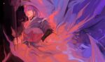  1girl abstract_background bad_id bad_twitter_id blunt_bangs bow bridal_gauntlets closed_mouth fire from_side genshin_impact hair_ornament head_tilt highres holding holding_polearm holding_weapon japanese_clothes kimono long_hair looking_at_viewer looking_down looking_to_the_side mole mole_under_eye no_pupils official_alternate_costume onevwin polearm powering_up purple_eyes purple_hair purple_kimono raiden_shogun red_sash sash solo standing thick_lips upper_body weapon 