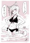  1girl animal_ears barefoot beach bikini black_bikini bob_(you-u-kai) breasts cleavage collarbone day full_body glasses halterneck highres horse_ears horse_girl horse_tail large_breasts looking_at_viewer monochrome navel ocean outdoors red-framed_eyewear red_eyes red_hair sandals sepia short_hair side-tie_bikini_bottom solo standing string_bikini swimsuit tail transcend_(umamusume) translation_request umamusume unworn_sandals wading 