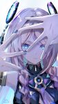  1girl absurdres asymmetrical_gloves bare_shoulders black_leotard blue_eyes border braid citlali_(genshin_impact) elbow_gloves facial_mark fingerless_gloves forehead_mark genshin_impact gloves highres index_finger_raised leotard long_hair looking_at_viewer luta_(luta_1013) nail_polish purple_nails simple_background solo triangle triangle_facial_mark twin_braids twitter_username white_border 