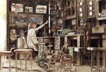 1girl absurdly_detailed_composition absurdres backpack bag brown_hair chair colored_pencil_(medium) desk drawer from_side gas_cylinder gears globe heater highres indoors kerosene_lamp lamp loaded_interior map mask microscope muted_color nekojarashi_(yuuga) original outstretched_arm over_shoulder photo_(object) pointing profile propane_tank retro_artstyle shirt short_sleeves shoulder_bag sitting solo stool switch traditional_media tricycle unworn_backpack unworn_bag vise_(tool) white_shirt workshop world_map 