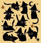  animal_focus black_cat black_eyes black_hat cat closed_eyes closed_mouth commentary crescent english_commentary fangs hat libbyframe lying no_humans notice_lines on_stomach open_mouth original simple_background sitting smile star_(symbol) whiskers witch_hat yellow_background 