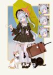  1girl absurdres alternate_costume angry black_dress black_hat black_shoes blue_archive blush cat closed_mouth dress garter_straps gothic_lolita green_umbrella grey_hair grin guanhuvu hairband hat high_heels highres holding holding_suitcase holding_umbrella lolita_fashion lolita_hairband multiple_expressions mutsuki_(blue_archive) open_mouth purple_eyes shoes smile solo stuffed_animal stuffed_rabbit stuffed_toy suitcase thighhighs umbrella white_garter_straps white_thighhighs 