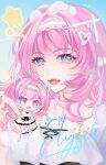  1girl absurdres bikini blue_background blue_eyes breasts character_name chibi chinese_commentary commentary_request drawn_ears drawn_whiskers elf elysia_(honkai_impact) elysia_(miss_pink_elf)_(honkai_impact) elysia_(summer_miss_elf)_(honkai_impact) face_filter hairband highres honkai_(series) honkai_impact_3rd hyurns jewelry large_breasts long_hair necklace official_alternate_costume open_mouth pink_hair pointy_ears shell shell_necklace smile star_(symbol) swimsuit very_long_hair white_bikini white_hairband 