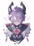  1boy black_coat black_horns chest_jewel cleavage_cutout clothing_cutout coat collar colored_eyelashes cropped_torso crossed_bangs crystal detached_wings dragon_horns dragon_wings facial_mark facing_down forehead_mark gem genshin_impact hair_between_eyes haru_same322 heart-shaped_gem highres horns male_focus mini_durin_(genshin_impact) mini_durin_(human)_(genshin_impact) no_mouth pink_gemstone purple_hair solo white_background white_collar white_wings wing_ornament wings 