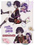  1boy 1girl anger_vein animalization arm_at_side armor bagel black_bodysuit black_hair black_kimono black_sandals black_shorts black_sleeves blunt_bangs blunt_ends blush_stickers bodysuit border bow character_name checkered_background cheek_bulge choppy_bangs closed_mouth dango dango_milk_(genshin_impact) eating elbow_rest fan_hair_ornament flower food food_on_face foot_up fox frilled_sleeves frills furisode genshin_impact gold grey_leggings hair_flower hair_ornament hand_on_own_cheek hand_on_own_face head_rest highres holding holding_mini_person holding_sword holding_weapon japanese_armor japanese_clothes jewelry juban kimono kimono_skirt kote kurokote layered_sleeves leggings long_hair long_sleeves looking_at_another low-braided_long_hair low-tied_long_hair mandarin_collar marmochi mini_person minigirl mitsudomoe_(shape) mother_and_son multicolored_hair musou_isshin_(genshin_impact) neck_ring o-ring obi pink_kimono plate purple_eyes purple_flower purple_sash purple_sleeves purple_thighhighs raiden_shogun red_kimono red_sash sandals sanshoku_dango sash scaramouche_(genshin_impact) short_eyebrows short_sleeves shorts side_slit sitting spoken_skull stirrup_legwear streaked_hair swept_bangs sword taiyaki tassel tassel_hair_ornament thighhighs toeless_legwear toes tomoe_(symbol) tongue tongue_out tsurime very_long_hair wagashi weapon white_border wide_sleeves yae_miko yae_miko_(fox) yellow_bow zouri 