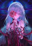  1girl bandage_over_one_eye bandaged_arm bandages bare_shoulders black_skirt breasts closed_mouth commentary detached_sleeves dress earrings english_commentary flower grey_eyes grey_hair halter_dress halterneck highres holding holding_flower jewelry long_hair looking_at_viewer low_twintails medium_breasts phrolova_(wuthering_waves) red_dress red_spider_lily single_detached_sleeve skirt solo tacet_mark_(wuthering_waves) twintails upper_body very_long_hair wuthering_waves zheng_jian 