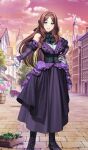  1girl ascot bare_shoulders black_dress blue_eyes blush bow breasts brooch brown_hair detached_sleeves dress fate/grand_order fate_(series) forehead grin hair_bow jewelry large_breasts leonardo_da_vinci_(fate) leonardo_da_vinci_(fgo_fes._2025)_(fate) long_hair looking_at_viewer official_art parted_bangs purple_dress simosi smile solo two-tone_dress 